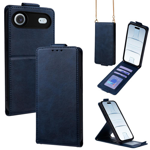 iPhone Air Vertical Flip Cover Solid Color Vegan Leather Phone Case with Crossbody Chain - Blue