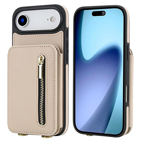 iPhone Air YM006 Skin Feel Zipper Card Bag Phone Case with Dual Lanyard - Apricot