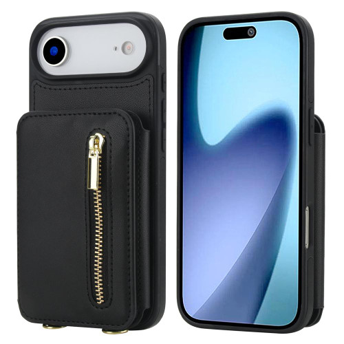 iPhone Air YM006 Skin Feel Zipper Card Bag Phone Case with Dual Lanyard - Black