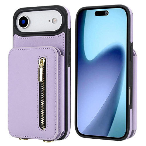 iPhone Air YM006 Skin Feel Zipper Card Bag Phone Case with Dual Lanyard - Light Purple