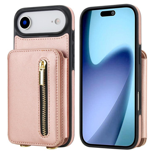 iPhone Air YM006 Skin Feel Zipper Card Bag Phone Case with Dual Lanyard - Rose Gold