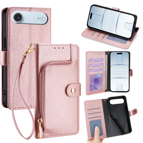 iPhone Air Zipper Bag Leather Phone Case - Rose Gold