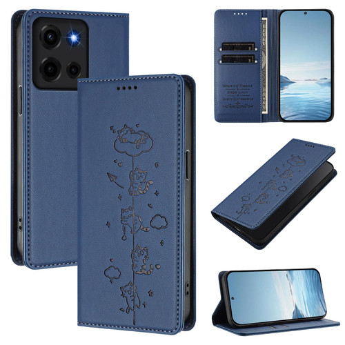 Moto G 2025 / Moto G 2026 Cute Cats Embossed Magnetic RFID Vegan Leather Phone Case - Dark Blue