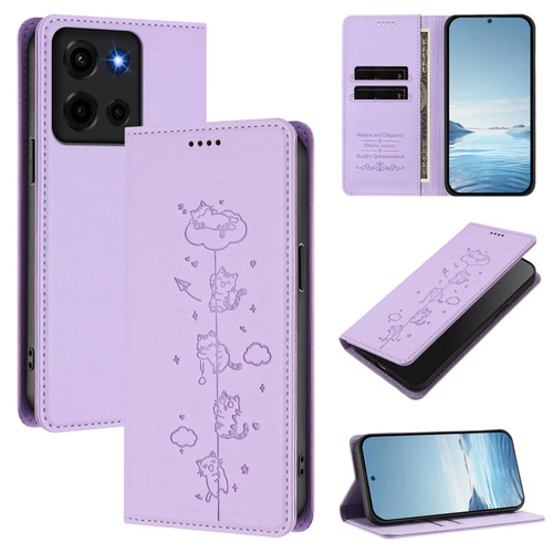 Moto G 2025 / Moto G 2026 Cute Cats Embossed Magnetic RFID Vegan Leather Phone Case - Light Purple