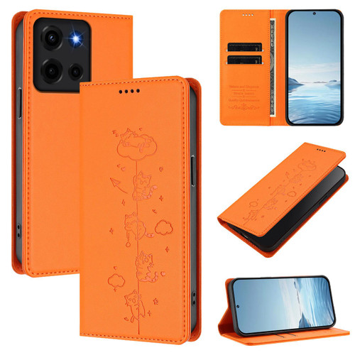 Moto G 2025 / Moto G 2026 Cute Cats Embossed Magnetic RFID Vegan Leather Phone Case - Orange