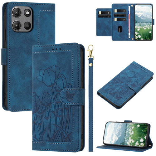 Moto G 2026 Tulips Embossed Leather Phone Case with Lanyard - Blue