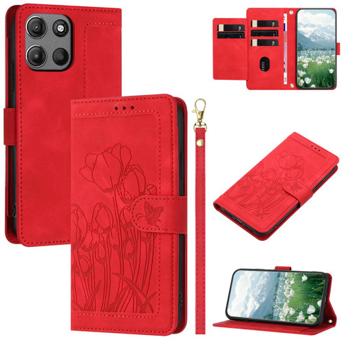 Moto G 2026 Tulips Embossed Leather Phone Case with Lanyard - Red