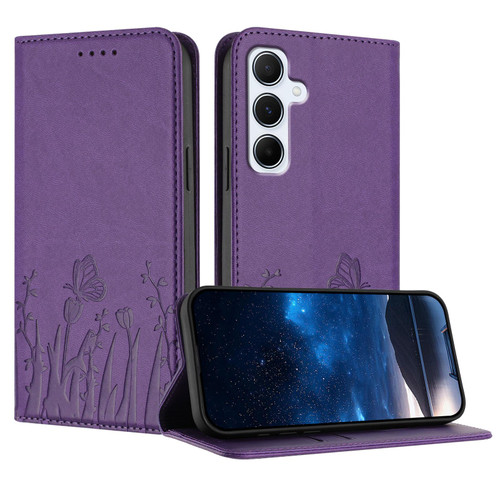 Samsung Galaxy A16 5G / A26 5G Tulips Butterfly Pattern Magnetic Vegan Leather Phone Case - Dark Purple