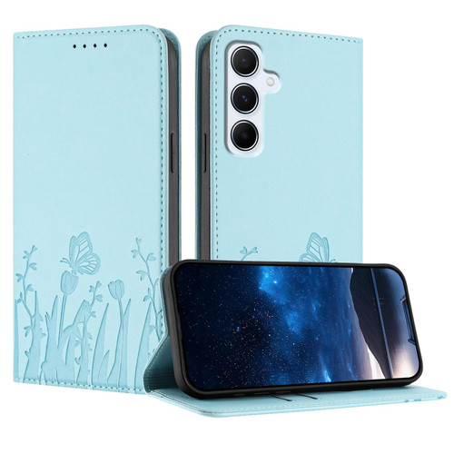 Samsung Galaxy A16 5G / A26 5G Tulips Butterfly Pattern Magnetic Vegan Leather Phone Case - Light Blue