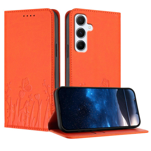 Samsung Galaxy A16 5G / A26 5G Tulips Butterfly Pattern Magnetic Vegan Leather Phone Case - Orange