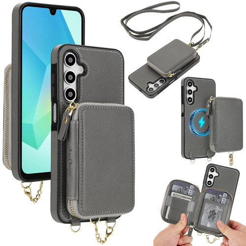 Samsung Galaxy A16 5G AwQuer 2 in 1 Crossbody Zipper Wallet Leather Back Phone Case - Grey