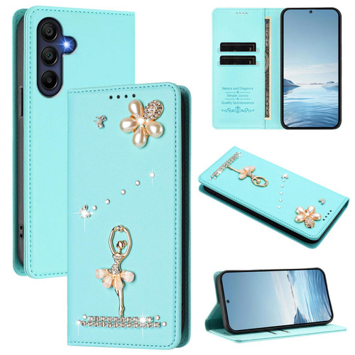 Samsung Galaxy A16 5G Ballet Girl Diamond Studded RFID Vegan Leather Phone Case - Mint Green