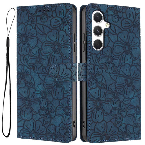 Samsung Galaxy A16 5G Cherry Blossoms Embossed Leather Phone Case - Dark Blue