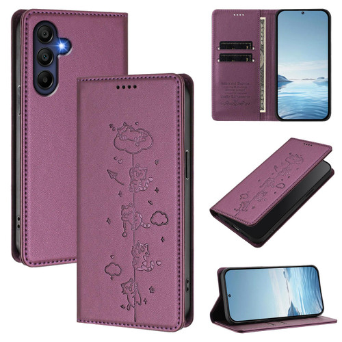 Samsung Galaxy A16 5G Cute Cats Embossed Magnetic RFID Vegan Leather Phone Case - Violet Purple