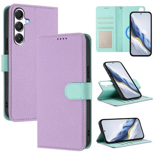 Samsung Galaxy A16 5G Detachable Litchi Texture Magnetic Vegan Leather Phone Case - Purple+Mint Green