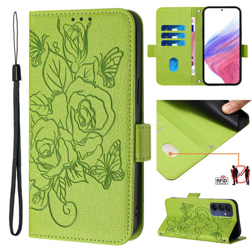 Samsung Galaxy A16 5G Embossed Rose RFID Anti-theft Leather Phone Case - Green