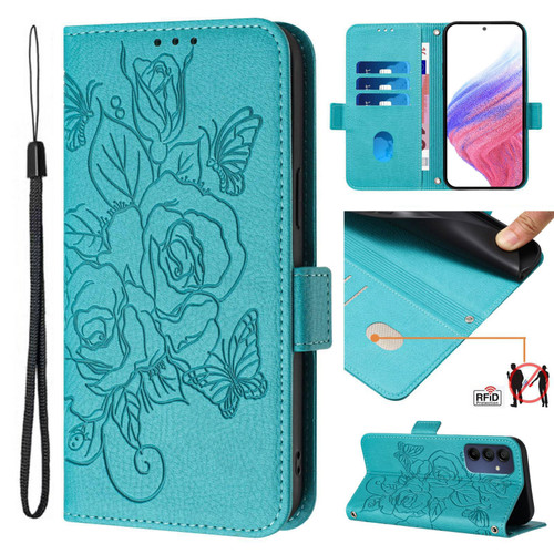 Samsung Galaxy A16 5G Embossed Rose RFID Anti-theft Leather Phone Case - Light Blue