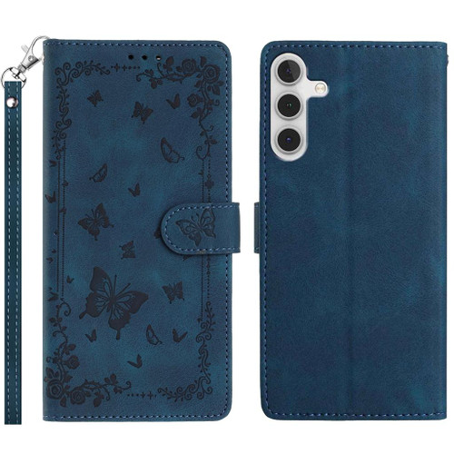 Samsung Galaxy A16 5G Secret Garden Butterfly Pattern Leather Phone Case - Dark Blue