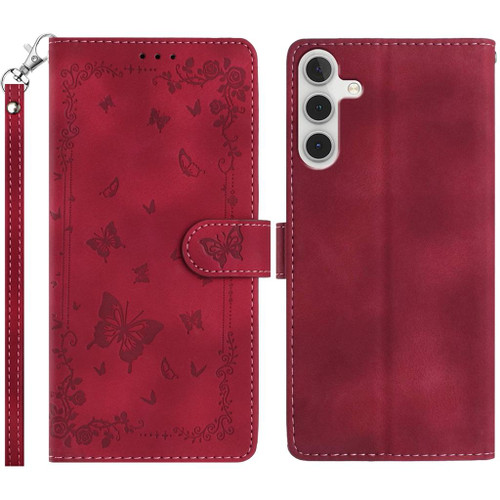 Samsung Galaxy A16 5G Secret Garden Butterfly Pattern Leather Phone Case - Red