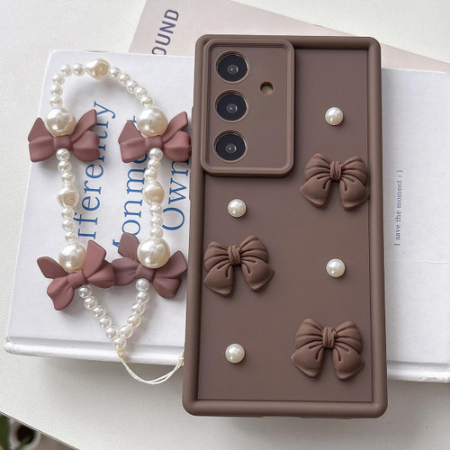 Samsung Galaxy A16 5G Soft Silicone 3D Bowknot Pearl Phone Case with Beaded Wrist Strap - Coffee