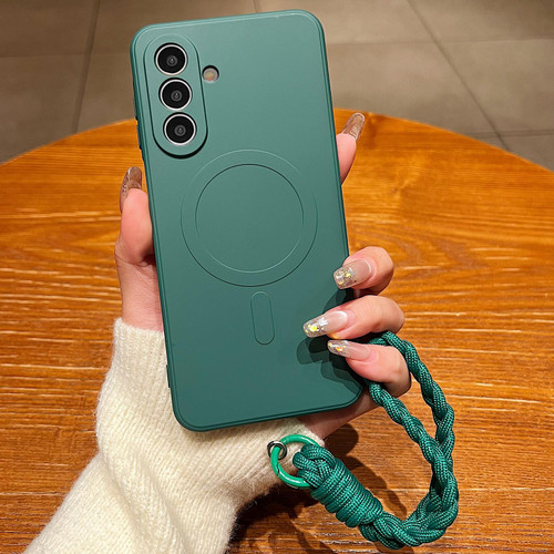 Samsung Galaxy A16 5G Solid Color Liquid Silicone Magnetic Phone Case with Lanyard - Dark Green