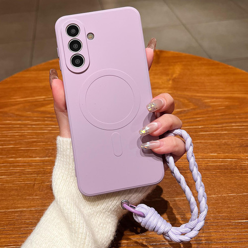 Samsung Galaxy A16 5G Solid Color Liquid Silicone Magnetic Phone Case with Lanyard - Lilac