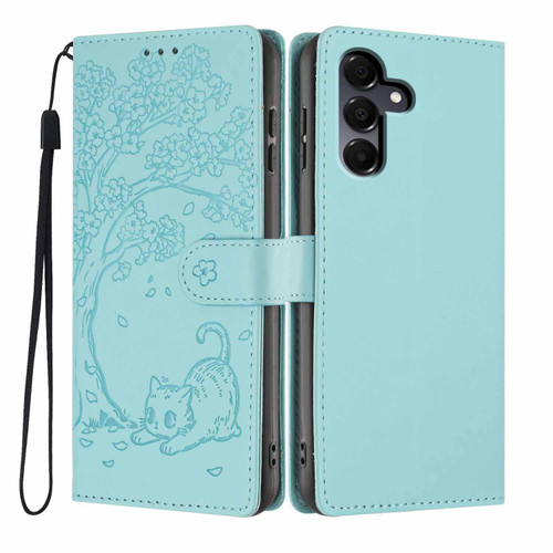 Samsung Galaxy A16 5G Tree Cat Embossed Flip Vegan Leather Phone Case - Light Green