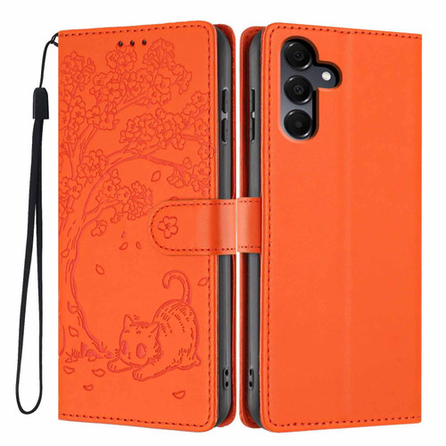 Samsung Galaxy A16 5G Tree Cat Embossed Flip Vegan Leather Phone Case - Orange