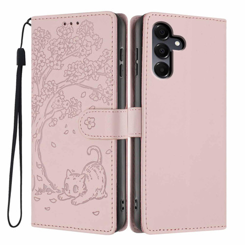 Samsung Galaxy A16 5G Tree Cat Embossed Flip Vegan Leather Phone Case - Rose Gold
