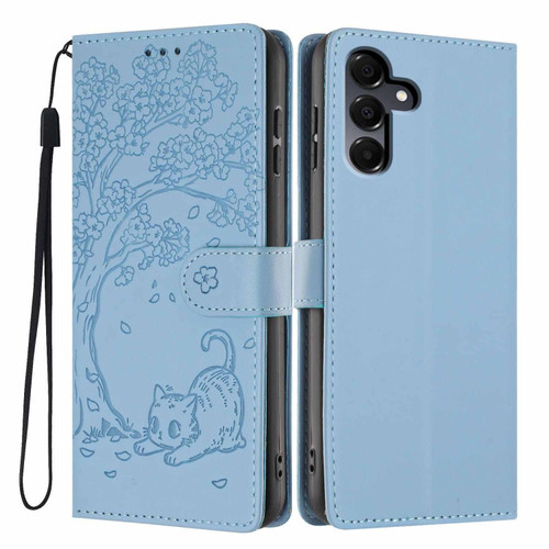 Samsung Galaxy A16 5G Tree Cat Embossed Flip Vegan Leather Phone Case - Sky Blue