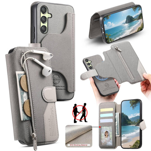 Samsung Galaxy A16 5G Twill Fabric MagSafe RFID Anti-theft Zipper Wallet Leather Phone Case - Grey