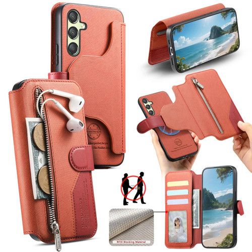 Samsung Galaxy A16 5G Twill Fabric MagSafe RFID Anti-theft Zipper Wallet Leather Phone Case - Orange