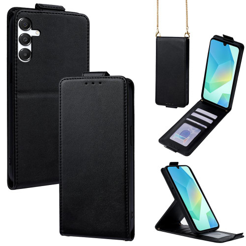 Samsung Galaxy A16 5G Vertical Flip Cover Solid Color Vegan Leather Phone Case with Crossbody Chain - Black