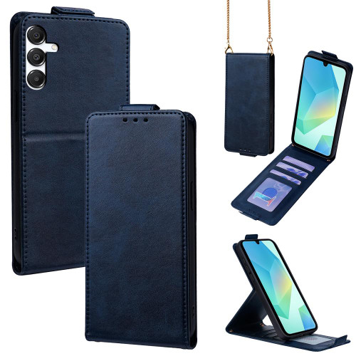 Samsung Galaxy A16 5G Vertical Flip Cover Solid Color Vegan Leather Phone Case with Crossbody Chain - Blue
