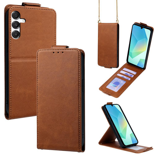 Samsung Galaxy A16 5G Vertical Flip Cover Solid Color Vegan Leather Phone Case with Crossbody Chain - Brown