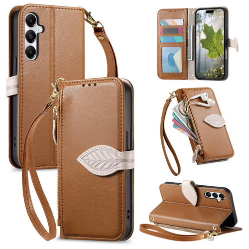 Samsung Galaxy A16 Leaf Buckle Zipper Wallet Leather Phone Case with Strap - Brown