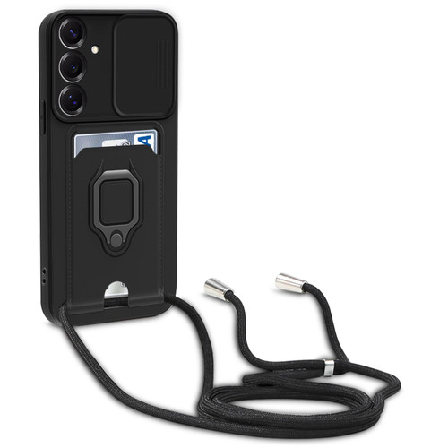 Samsung Galaxy A16 Sliding Camshield Magnetic Card Holder Silicone Phone Case with Lanyard - Black