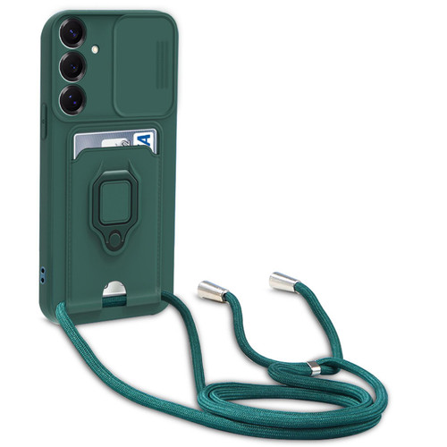Samsung Galaxy A16 Sliding Camshield Magnetic Card Holder Silicone Phone Case with Lanyard - Dark Night Green