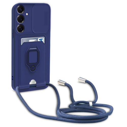 Samsung Galaxy A16 Sliding Camshield Magnetic Card Holder Silicone Phone Case with Lanyard - Navy Blue