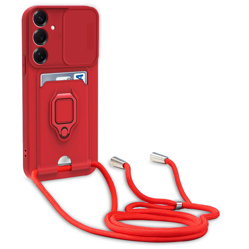 Samsung Galaxy A16 Sliding Camshield Magnetic Card Holder Silicone Phone Case with Lanyard - Red