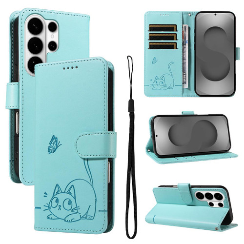 Samsung Galaxy S26 UItra Adorable Cat Embossed Pattern Flip Leather Phone Case - Green