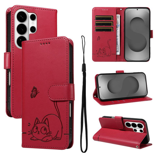 Samsung Galaxy S26 UItra Adorable Cat Embossed Pattern Flip Leather Phone Case - Red