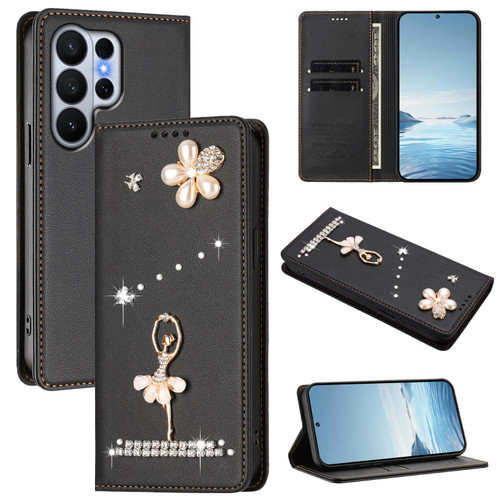 Samsung Galaxy S26 UItra Ballet Girl Diamond Studded RFID Vegan Leather Phone Case - Black