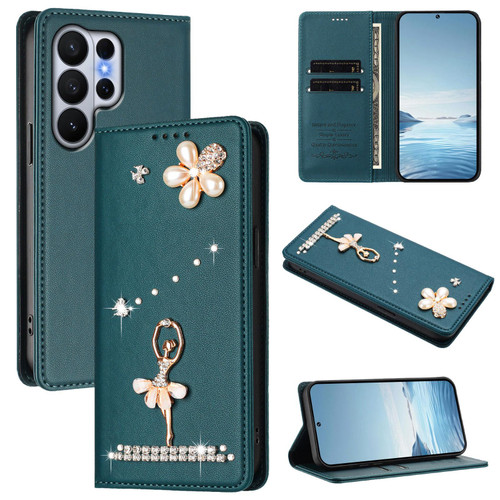 Samsung Galaxy S26 UItra Ballet Girl Diamond Studded RFID Vegan Leather Phone Case - Peacock Green