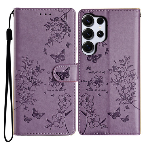 Samsung Galaxy S26 UItra Butterflies and Flowers Leather Phone Case - Purple