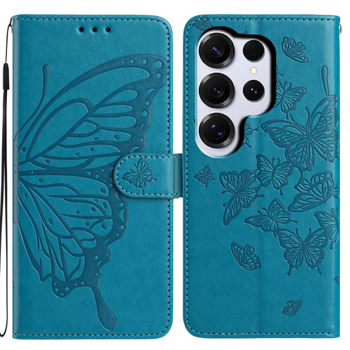 Samsung Galaxy S26 UItra Butterfly Flutter Pattern Embossed Leather Phone Case - Blue