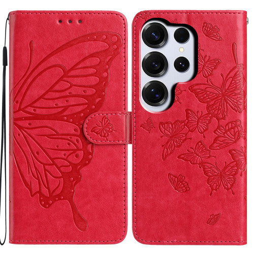 Samsung Galaxy S26 UItra Butterfly Flutter Pattern Embossed Leather Phone Case - Red