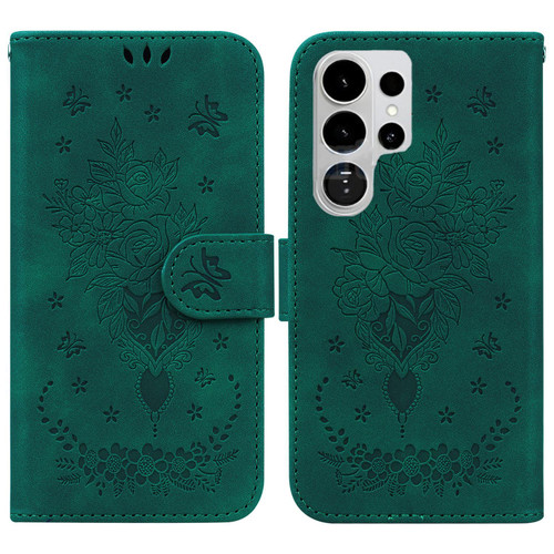 Samsung Galaxy S26 UItra Butterfly Rose Embossed Leather Phone Case - Green