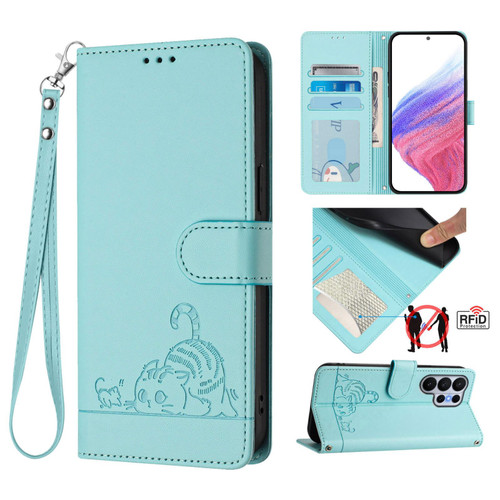 Samsung Galaxy S26 UItra Cat Rat Embossed Pattern RFID Leather Phone Case with Lanyard - Mint Green