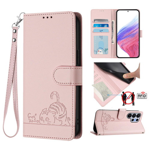 Samsung Galaxy S26 UItra Cat Rat Embossed Pattern RFID Leather Phone Case with Lanyard - Pink